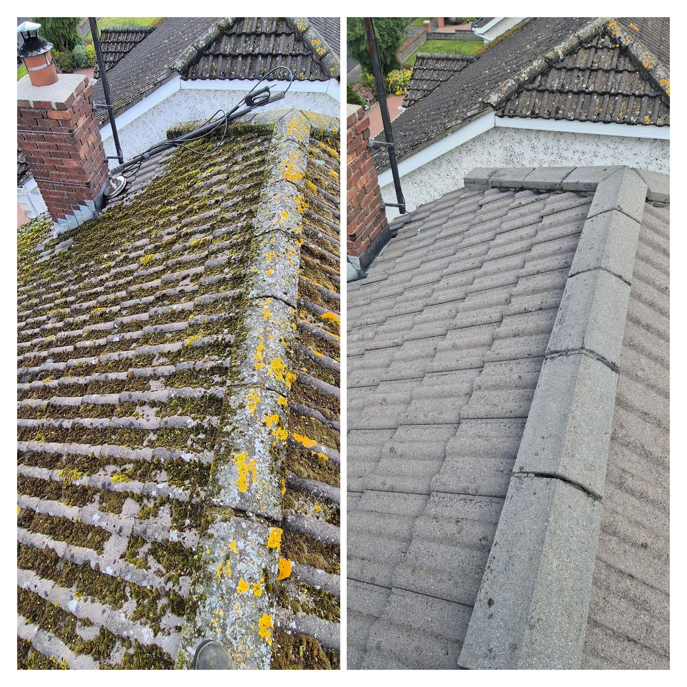 Before and after of a mossy tiled roof after scraping and washing