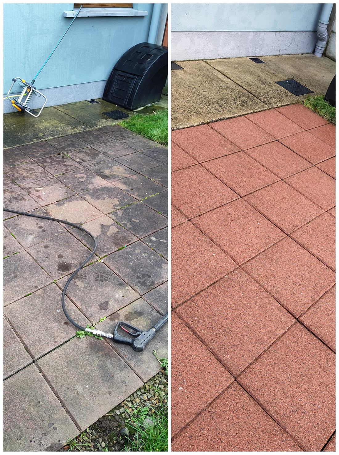 Before and after of a patio pressure-washed back to terracotta slabs