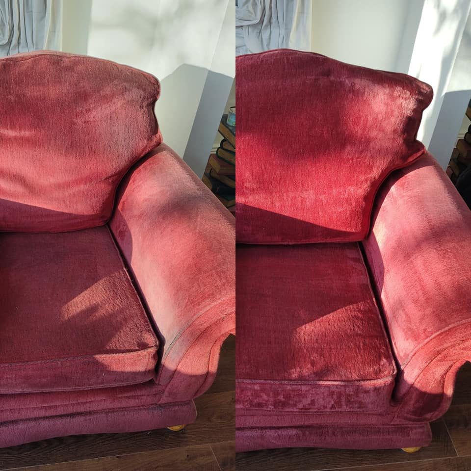 Before and after of a red armchair with soiling lifted from the armrest